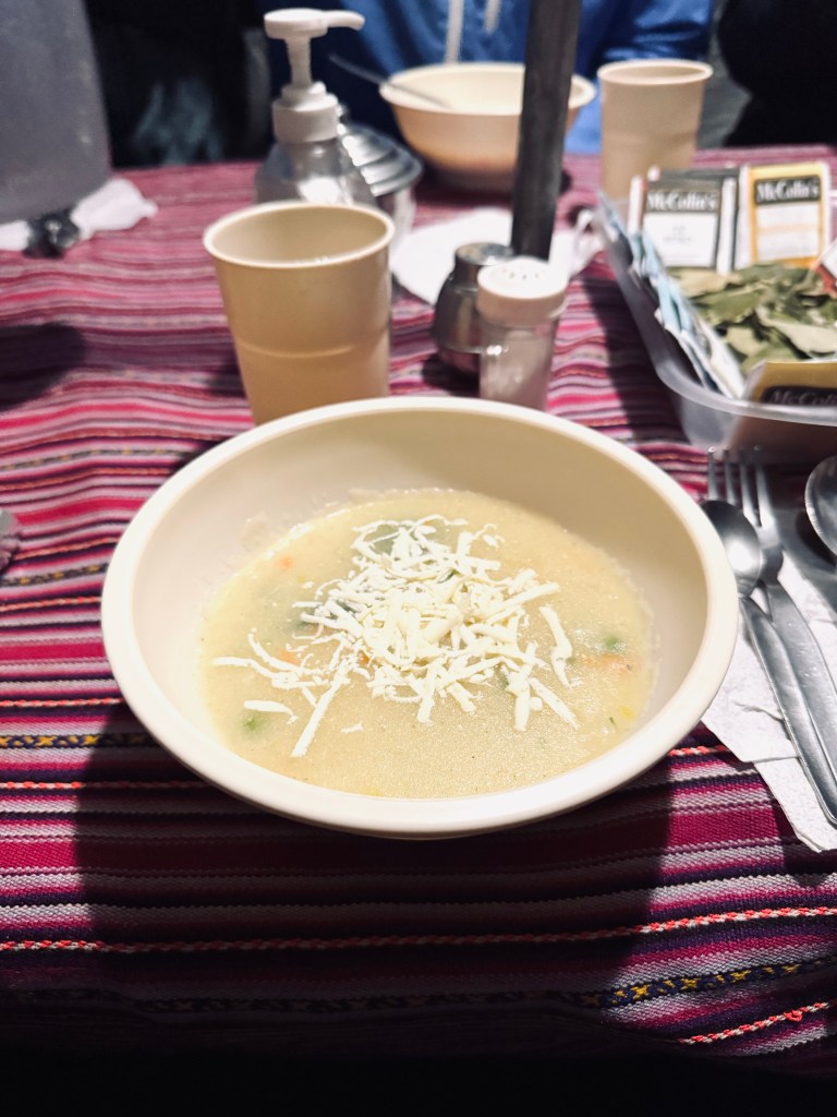 Potato soup with cheese on the Inca Trail, Peru
