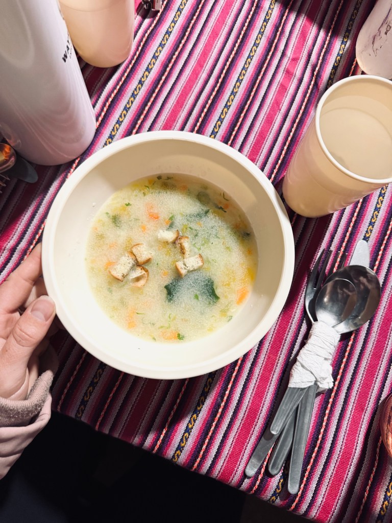 Bowl of soup with croutons on the Inca Trail, Peru