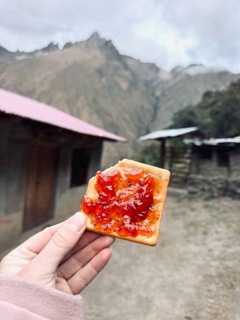 Hand holding biscuit with jam with mountains in the background on the Inca Trail, Peru