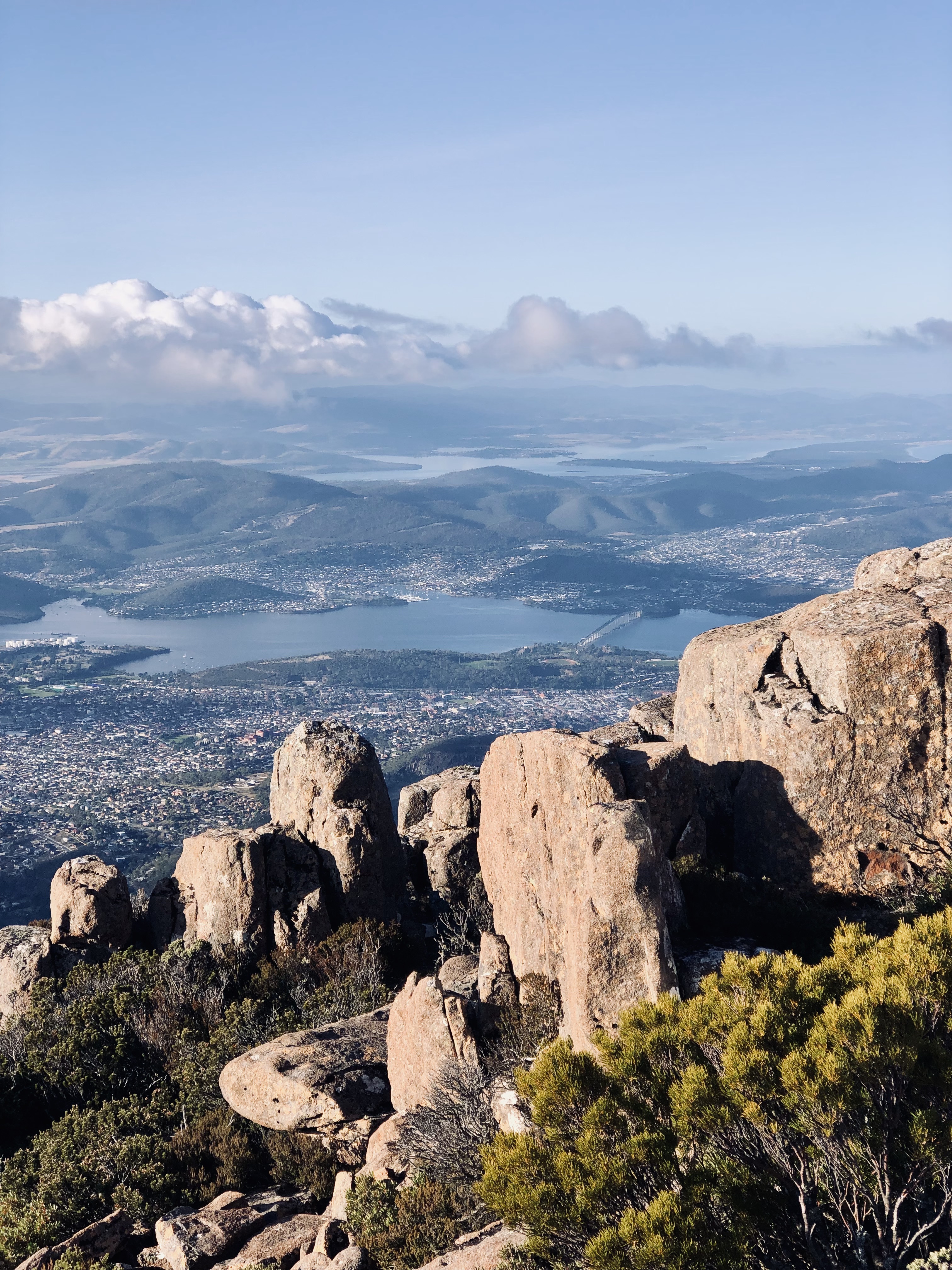 Views of Hobart with strange rock formations at Mt Wellington, Tasmania