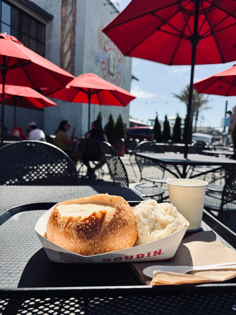 Sourdough bread bowl from Boudin with clam chowder in San Fransisco, USA