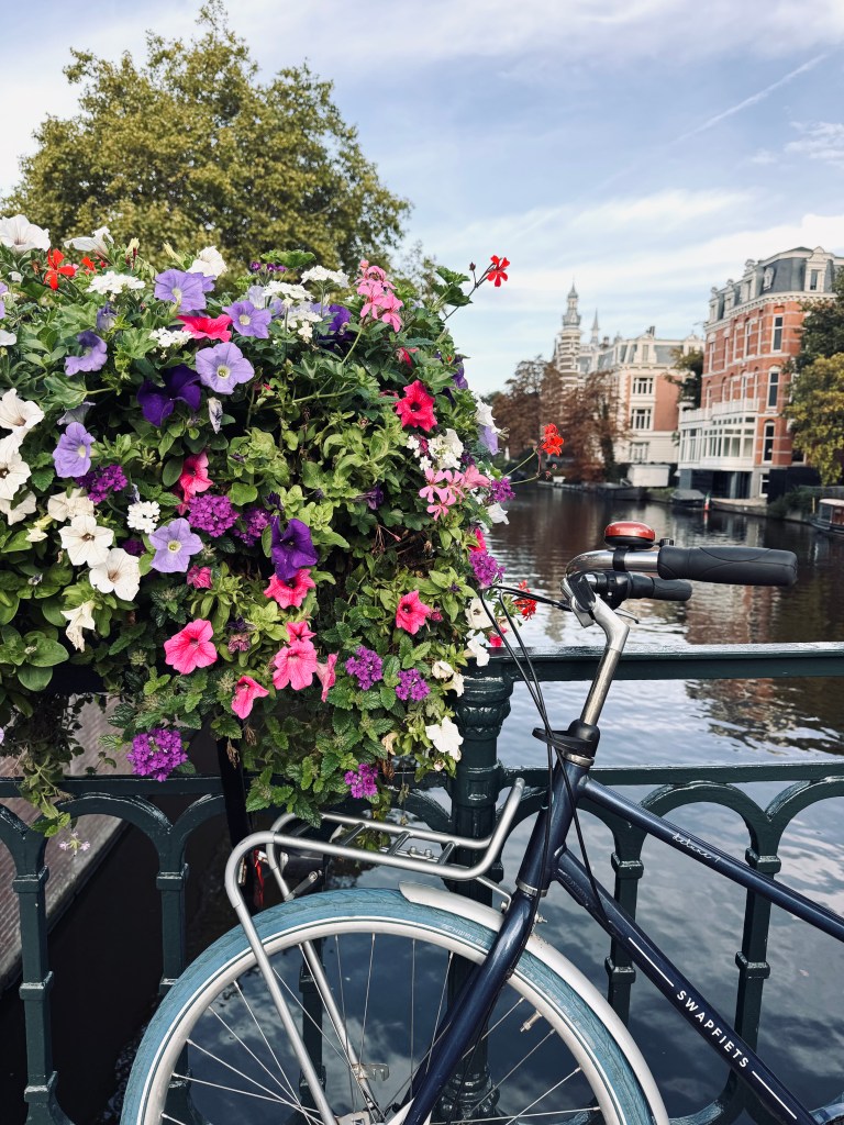 Flowers on a railing with a bike and canal in the background in Amsterdam, The Netherlands