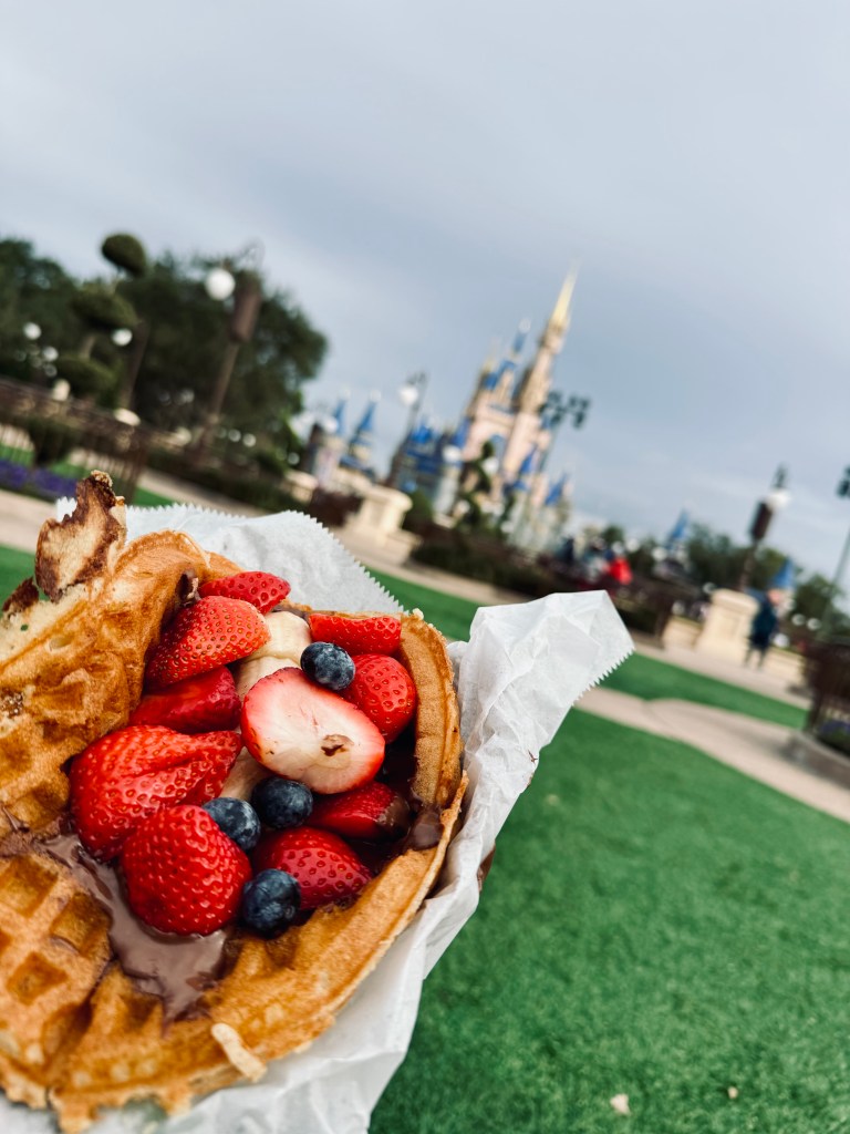 Waffles topped with strawberries, blueberries and nutella from Sleepy Hollow at Magic Kingdom