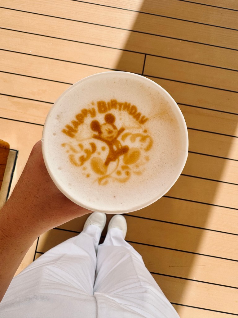 Hand holiday disney cruise coffee cup with happy birthday stamp on foam