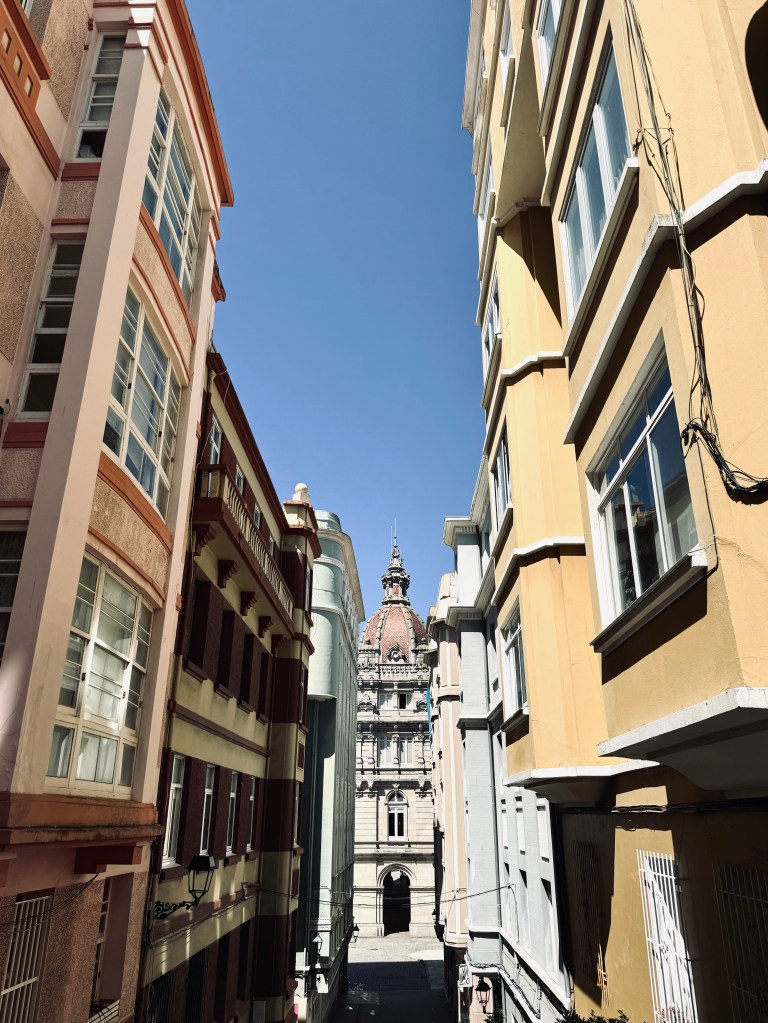Colorful buildings in old town of A Coruna, Spain
