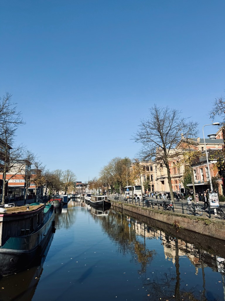 Blue sky day with canals in Groningen, The Netherlands