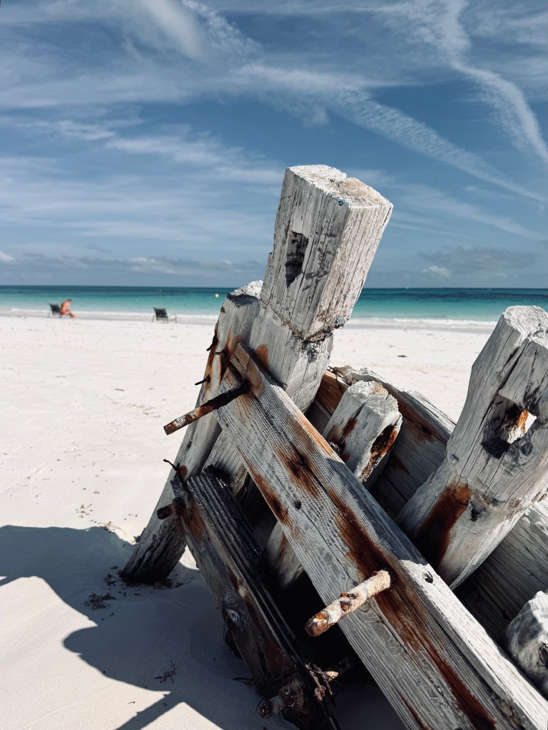 Wreck of old beach wood on Lookout Cay at Lighthouse Point on a Disney Cruise in the Bahamas