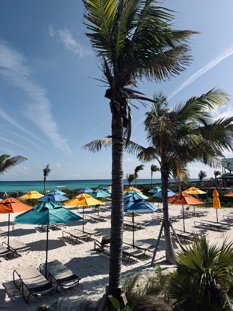 Beach with palm trees and umbrellas at Lookout Cay at Lighthouse Point on a Disney Cruise in the Bahamas
