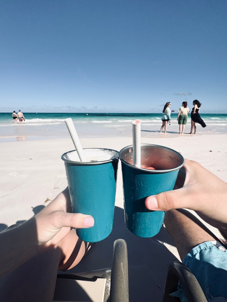 Mocktails on the beach at Lookout Cay at Lighthouse Point on a Disney Cruise in the Bahamas