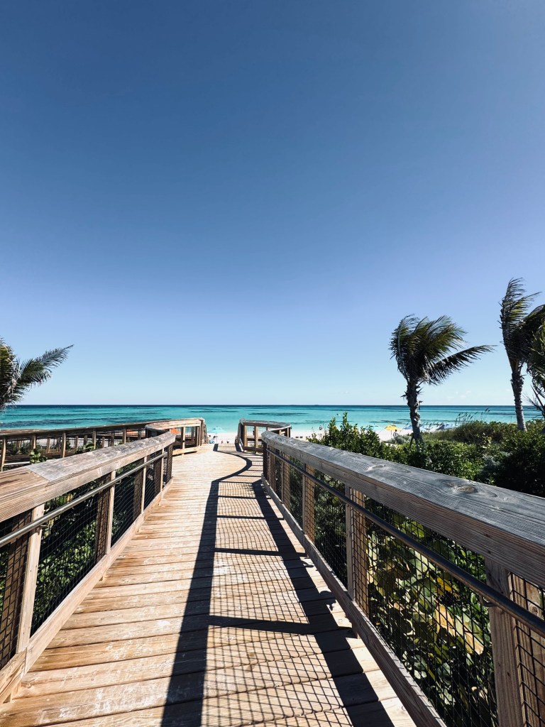 Wooden walkway to beach at Lookout Cay at Lighthouse Point on a Disney Cruise in the Bahamas
