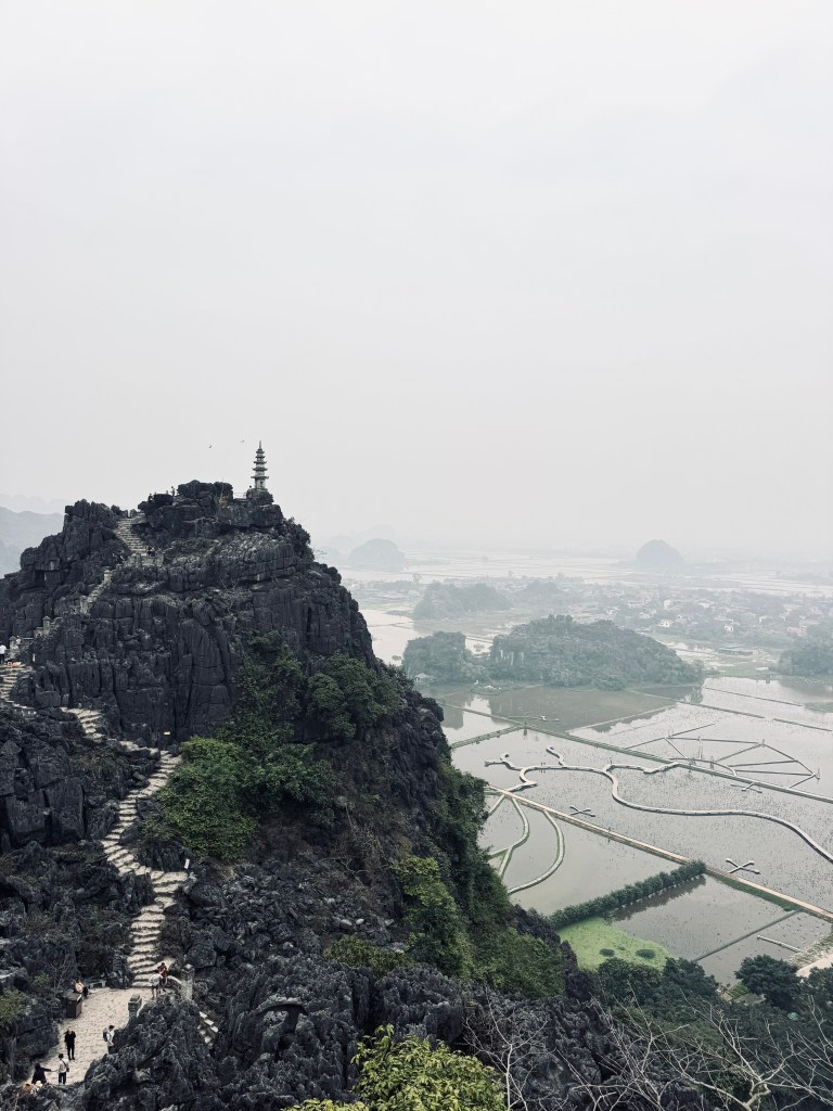 View of mountains and rice paddies from top of Mua Cave in Ninh Binh, Vietnam