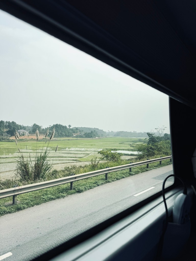 Window from a bus with rice field views in Vietnam